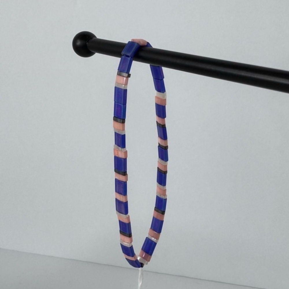 HAND CRAFTED Miyuki Tila Tile Stretch BRACELET Blue Pink White 6.75” to 7”  NWT